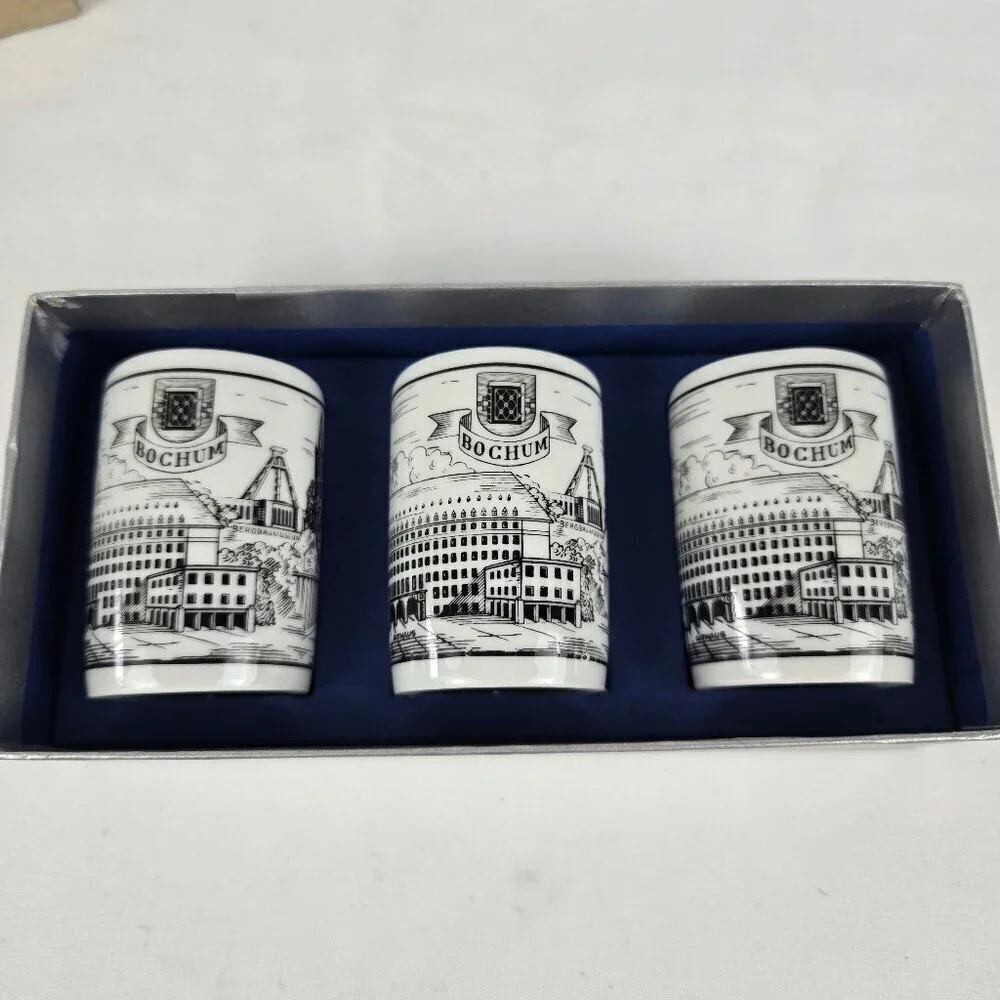 Royal Porzellan Set of 3 Bochum German Shot Glasses and Matching Miniature Plate